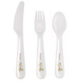 White Hessian Giraffe Kids Plastic 3 Piece cutlery set on plain white background
