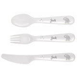 White 3 piece plastic cutlery set with hessian elephant design on plain white background