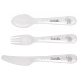 White 3 piece plastic cutlery set with hessian elephant design on plain white background