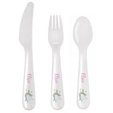 White 3 piece cutlery set with baby unicorn design on plain white background