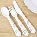 White Plastic Cutlery Set with Baby Unicorn Design - featuring the name Elsie in pink script font