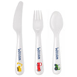 A set of personalized white plastic cutlery including a spoon, knife, and fork, each with a different color vehicle graphic on the handle.