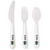 Set of white cutlery with 'Eddie' branding on a white background