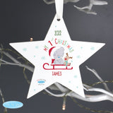 Star-shaped Christmas ornament with a teddy bear and reindeer design, featuring the text '2022 My 1st Christmas James'.