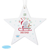 Star-shaped Christmas ornament with Tatty Teddy, 2021, and 'My 1st Christmas' text on a white background.