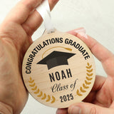 Wooden graduation ornament with 'Congratulations Graduate Noah Class of 2025' text