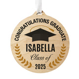 Wooden graduation ornament with 'Congratulations Graduate Isabella Class of 2025' text