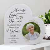 Personalised Photo Memorial Freestanding Wooden Heart Keepsake. Displayed on a shelf with small indoor plant beside it.