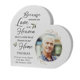 Heart-shaped memorial plaque with a photo of a man and text about someone being in heaven. On plain white background