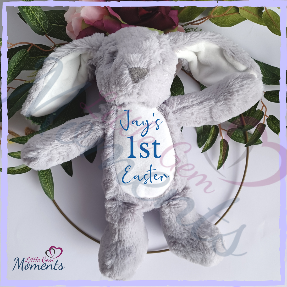 Personalised Grey Easter Bunny Rabbit Plush – Little Gem Moments