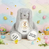 Personalised Giant "Happy Easter" Bunny Teddy. Custom Grey Easter Bunny Plush - Wreath Design