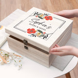 Wooden box with floral design and 'Sophie's Bulbs & Seeds' text on a wooden surface.