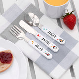Personalised Winter Penguin Cutlery Set - metal with plastic handles, featuring the name "Abigail"