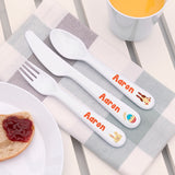 Personalised Plastic Spring Bunny Cutlery Set featuring the name "Aaron" on grey and white checked linen napkin