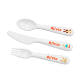 Personalised Plastic Spring Bunny Cutlery Set on plain white background