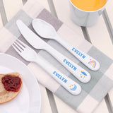 Personalised Pastel Sky Plastic Cutlery Set for Kids. Placed on a grey and white checked linen napkin.