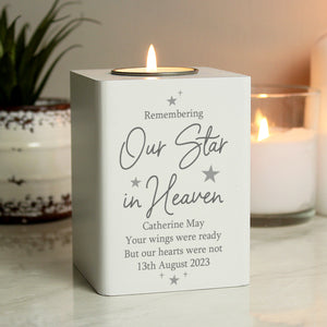 Personalised Our Star In Heaven White Wooden Tea light Holder
