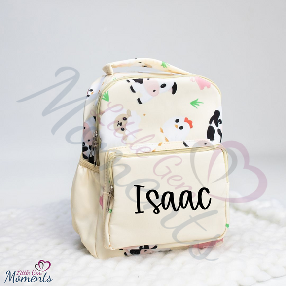 Personalised Kids Farmyard Print Mini Backpack/Schoolbag with Name. Nursery Bag/Changing Bag