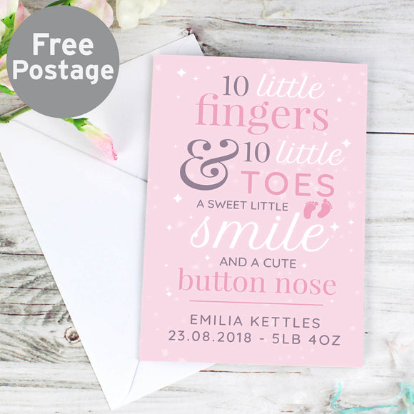Personalised New Baby 10 Little Fingers Card Pink