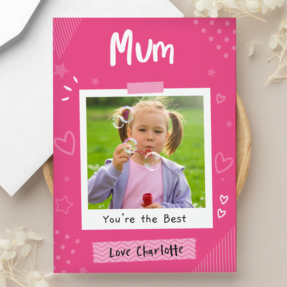 Personalised Pink Polaroid Wreath Photo Upload Greeting Card