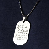 Personalised No.1 Dad Dog Tag Necklace Close Up in Gift Box