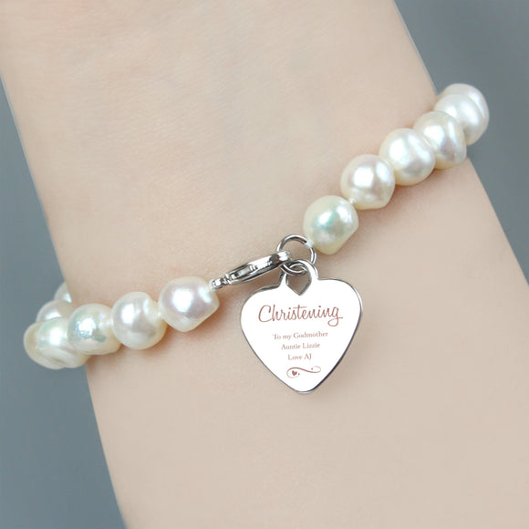 Personalised Christening Swirls & Hearts White Freshwater Pearl Bracelet
