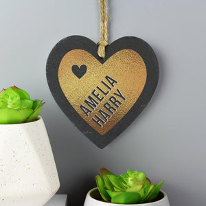 Personalised Couples Gold Printed Slate Heart Decoration