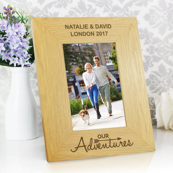 Personalised Our Adventures 6x4 Oak Finish Photo Frame