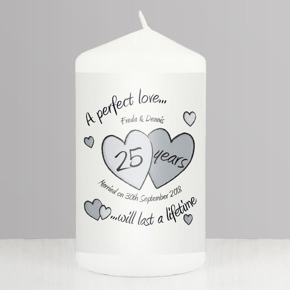 Personalised A Perfect Love Silver Anniversary Pillar Candle