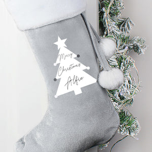 Personalised Christmas Tree Luxury Silver Grey Christmas Stocking