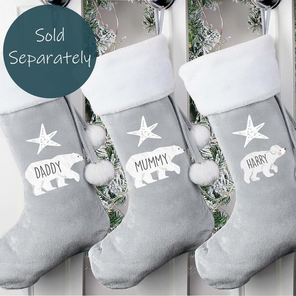 Personalised Polar Bear Luxury Silver Grey Christmas Stocking - Adult or Baby