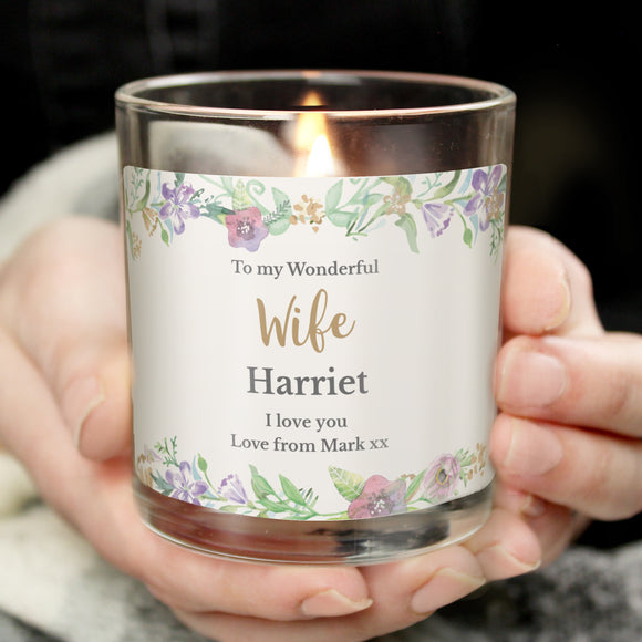 Personalised Floral Watercolour Scented Jar Candle