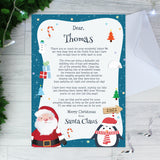 A personalized Christmas letter from Santa Claus to a child, with the child's name, Thomas, printed on it. The letter features illustrations of Santa Claus and a penguin, with a festive background.