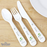 A set of white plastic cutlery featuring characters from 'The Snowman' and 'The Snowdog', including a spoon, knife, and fork.