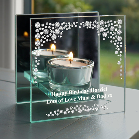 Personalised Diamante Mirrored Glass Tea Light Candle Holder