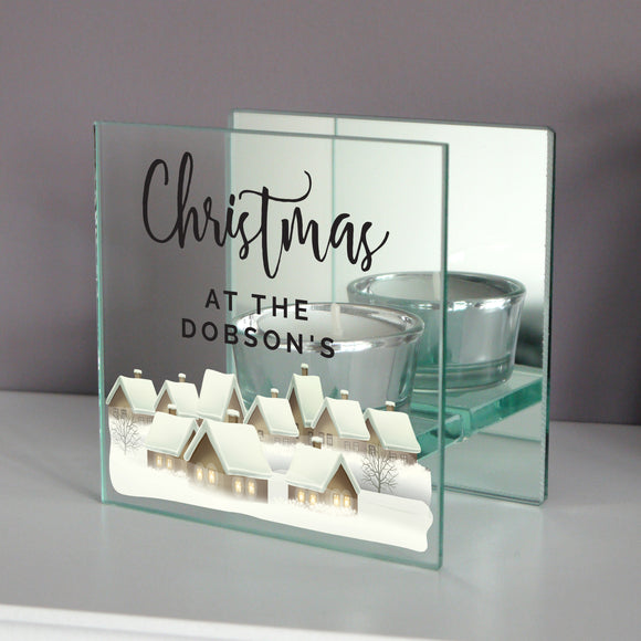 Personalised Christmas Village Mirrored Glass Tea Light Candle Holder
