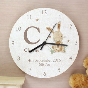 Personalised Hessian Rabbit Wooden Clock for Nursery