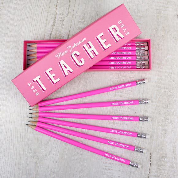 Personalised Best Teacher Ever Box and 12 Pink HB Pencils