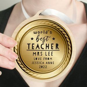 Personalised WorldÂ’s Best Teacher Round Wooden Medal