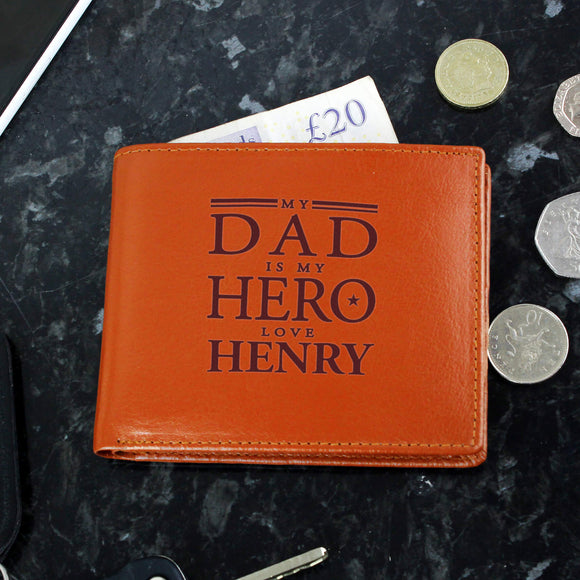 Personalised Dad is my Hero Tan Leather Wallet Main Image