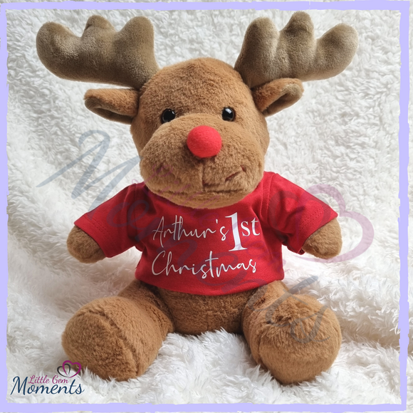 Personalised First Christmas Reindeer Teddy Brown Reindeer Red T