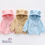 Personalised Bear Ear Hoodie - with Matching Family Sizes. Pink/Blue/Beige
