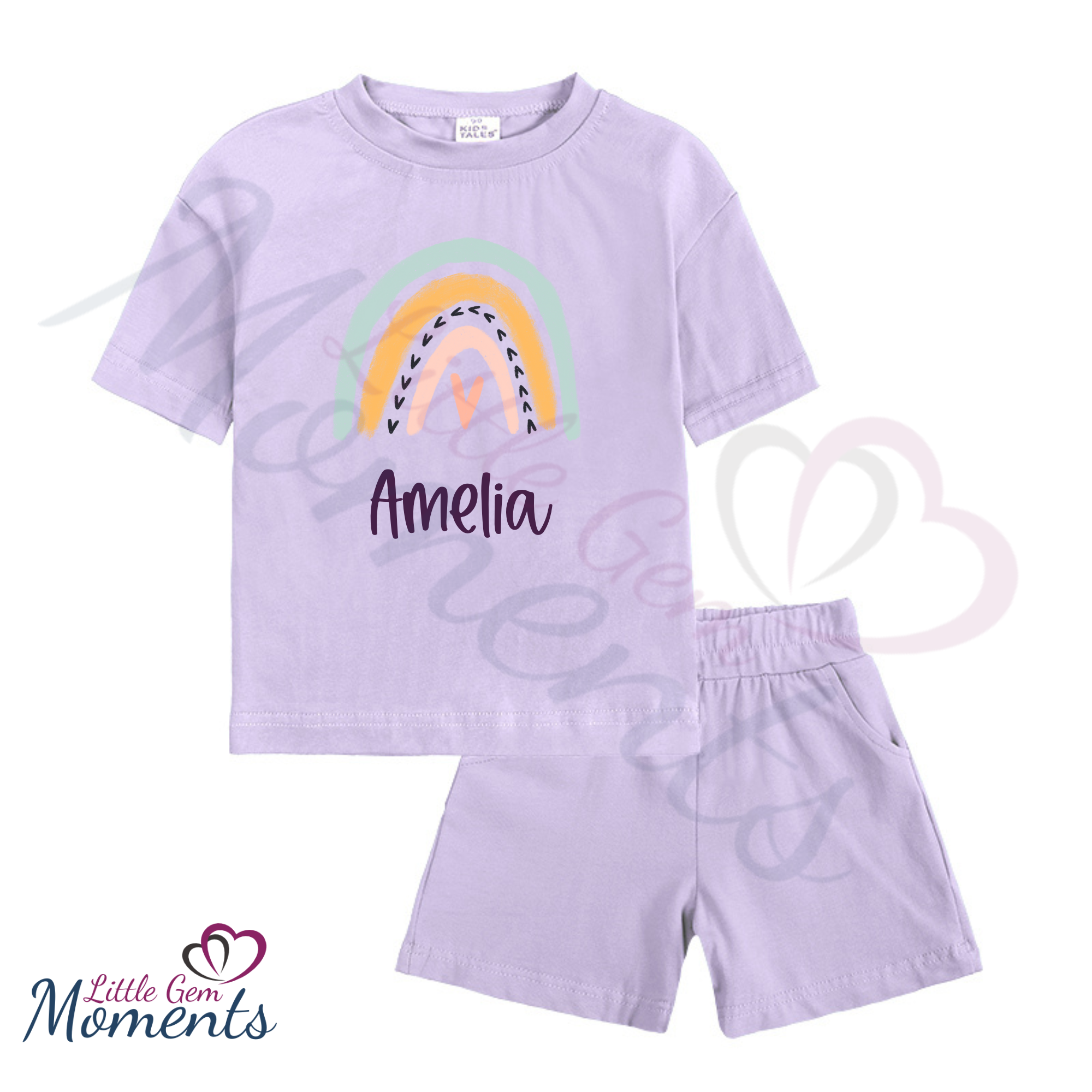 Personalised Kids Tales Rainbow Shorts and T shirt Set. Rainbow Summer Little Gem Moments