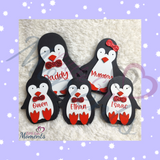 Personalised Penguin Family Decorations. Hand Painted Freestanding Family of Penguins. Christmas Decorations