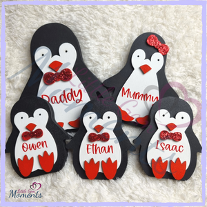 Personalised Penguin Family Decorations. Hand Painted Freestanding Family of Penguins. Christmas Decorations