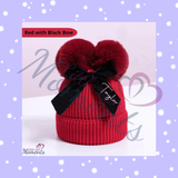 Personalised Kids Pom Pom Winter Beanie Hat with Bow. Winter Knitwear. Multiple Colours