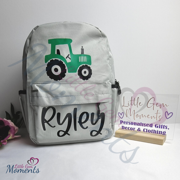 Personalised Pastel Mini Tractor Schoolbag. Multiple Colours