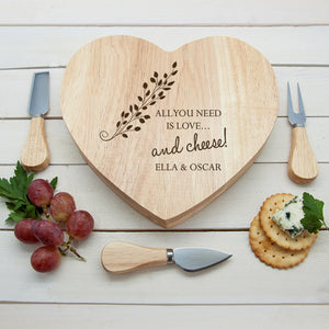 Personalised "All You Need Is Love...and Cheese" Heart Shaped Couples Cheese Board with speciality knifes. Perfect wedding gift or anniversary gift