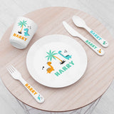 Personalised Kids Plastic Dining and Cutlery Set with fun dinosaur design