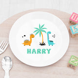 A personalised kids' plastic plate with cute dinosaur design and the name 'Harry' printed on it.